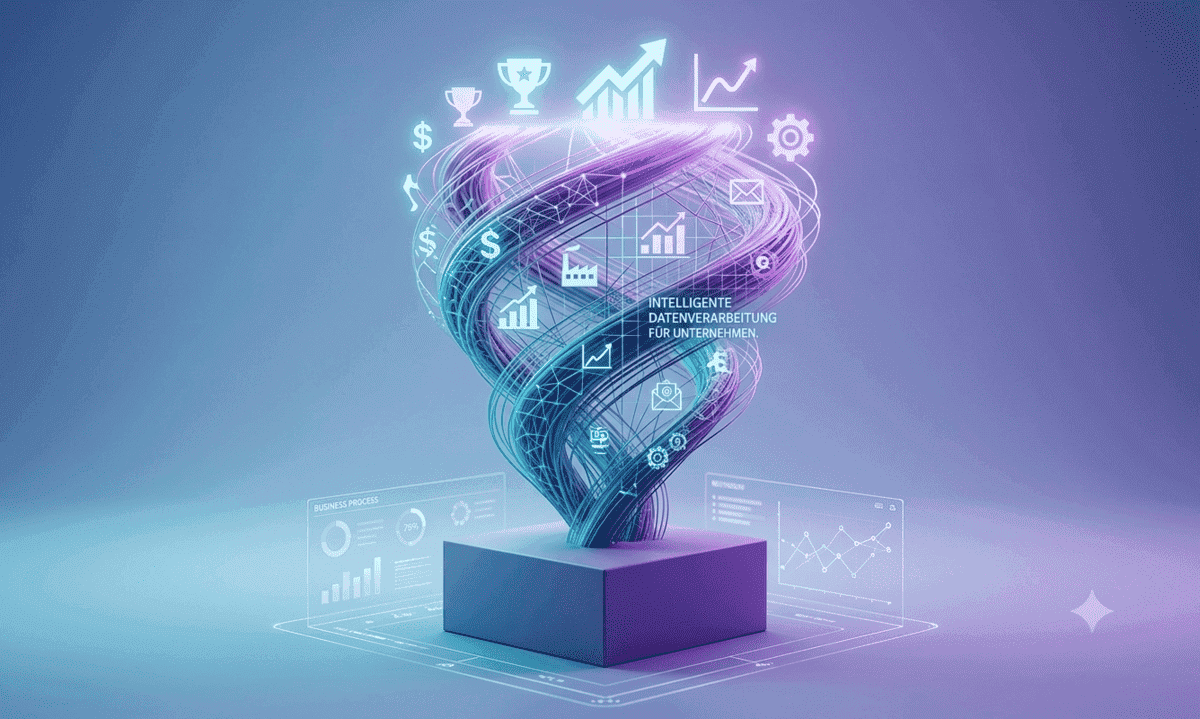Eine detaillierte 3D-Konstrukt-Skulptur, die Künstliche Intelligenz im Unternehmen symbolisiert. Ein zentraler Wirbel aus komplexen, leuchtenden neuronalen Netzwerkpfaden auf einem violetten Sockel verarbeitet Rohdaten, die durch subtile Piktogramme wie Geldzeichen, Datencharts und Fabriksymbole dargestellt sind, und verwandelt sie in wertvolle Geschäftserkenntnisse an der Spitze. Ein subtiler, integrierter deutscher Text lautet 'INTELLIGENTE DATENVERARBEITUNG FÜR UNTERNEHMEN'.