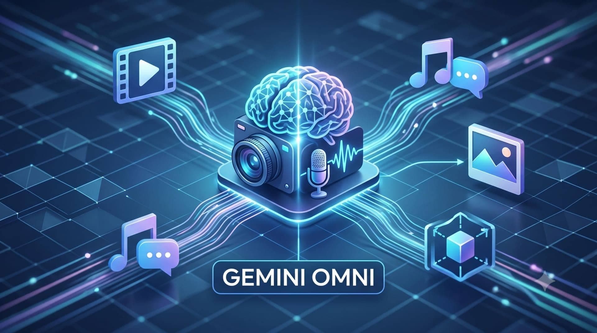 Modernes, digitales Titelbild für einen Blogpost über Googles multimodales Video-KI-Modell Gemini Omni. Ein zentraler, leuchtender Prozessorkern verarbeitet Datenströme aus Text, Bild und Audio und erzeugt daraus hochwertige Videos. Der Stil ist clean, futuristisch und nutzt Google-typische Cyan- und Violetttöne.